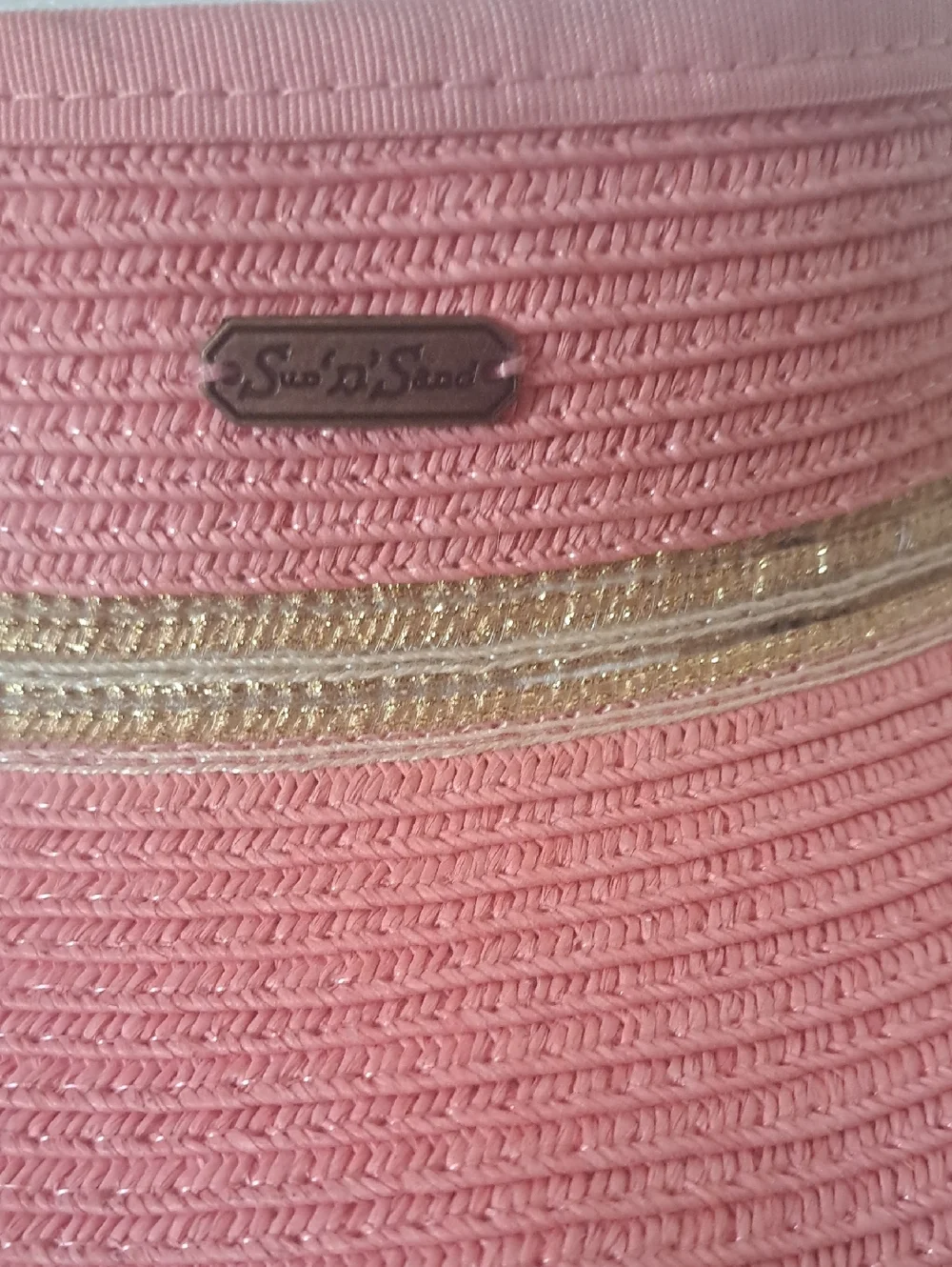 SUN 'N' SAND Pink Bow Accent Straw Visor with Gold Trim UPF 50+